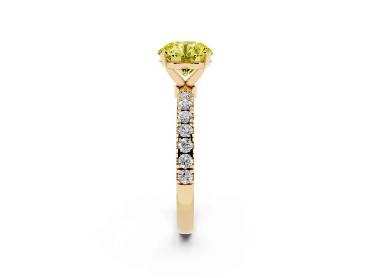 Fancy Yellow Round Cut Diamond Solitaire Ring with Pavé Accents and Four-Prong Setting Yellow gold