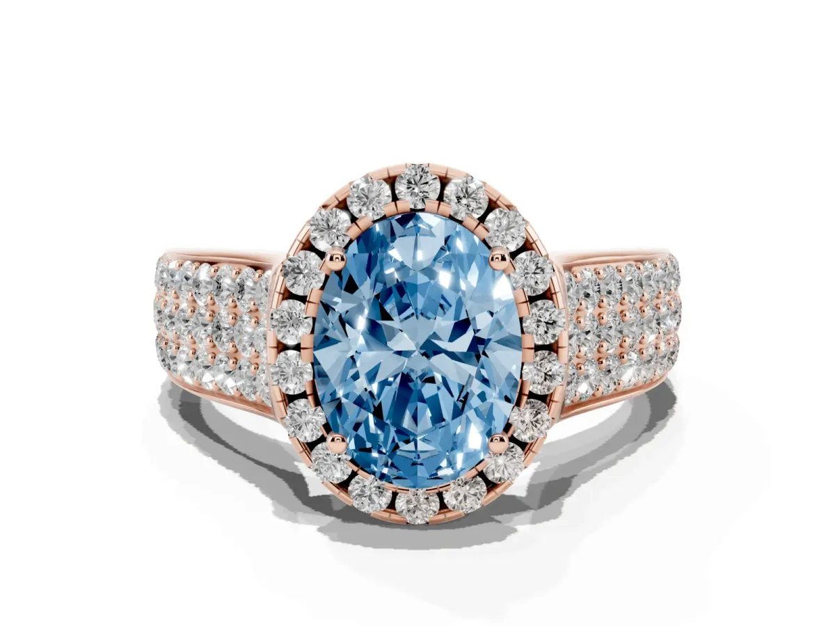 Fancy Blue Oval Cut Halo Round Diamond Pave Band with Prong Setting Rose gold