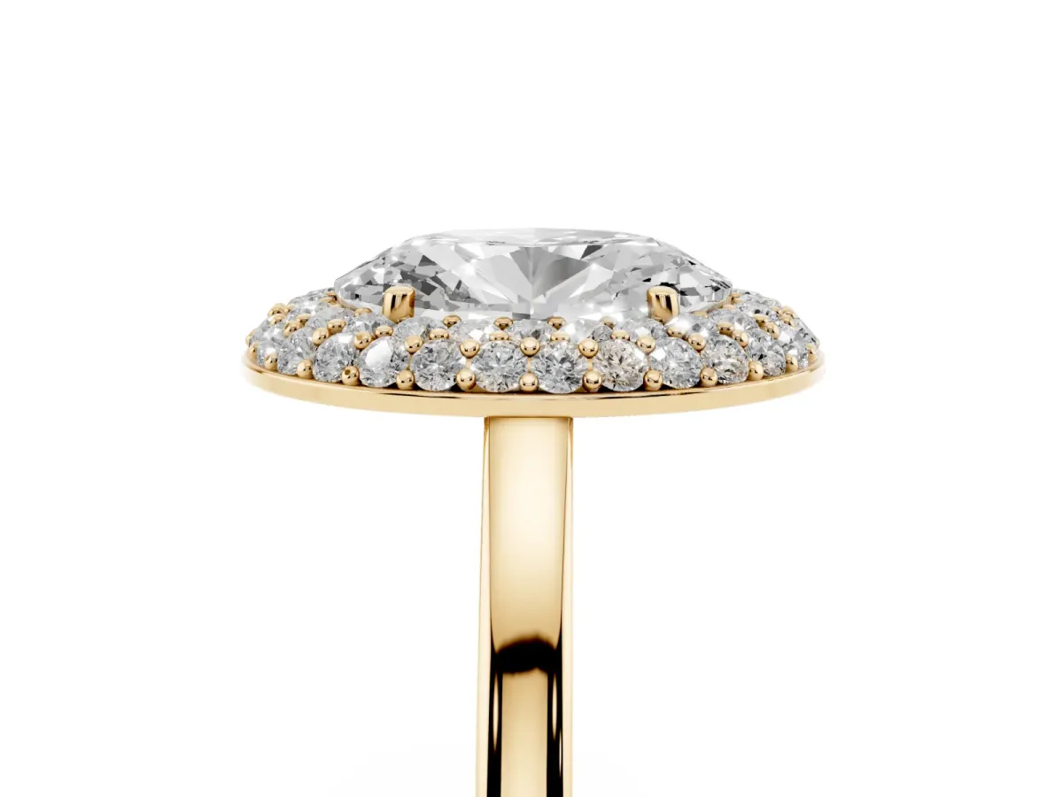 Oval Cut Halo Diamond Engagement Ring with Solitaire Band and Four-Prong Setting Yellow gold