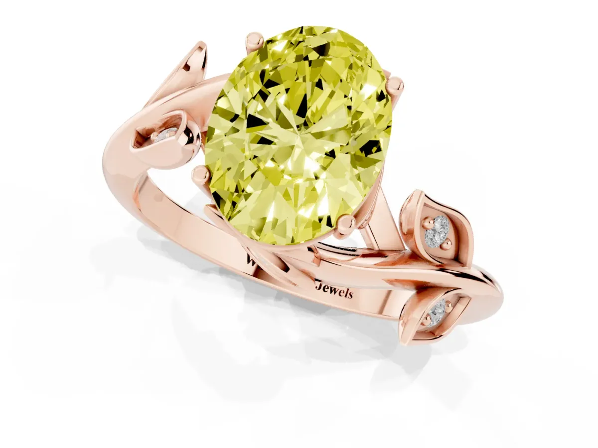 Fancy Yellow Oval Cut Solitaire Twist Engagement Ring with Leaf Accents and Prong Setting Rose gold