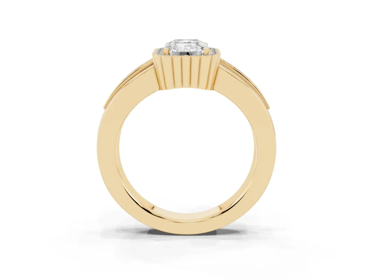 Emerald Cut Cut Halo Pave Band Four-Prong Ring Yellow gold