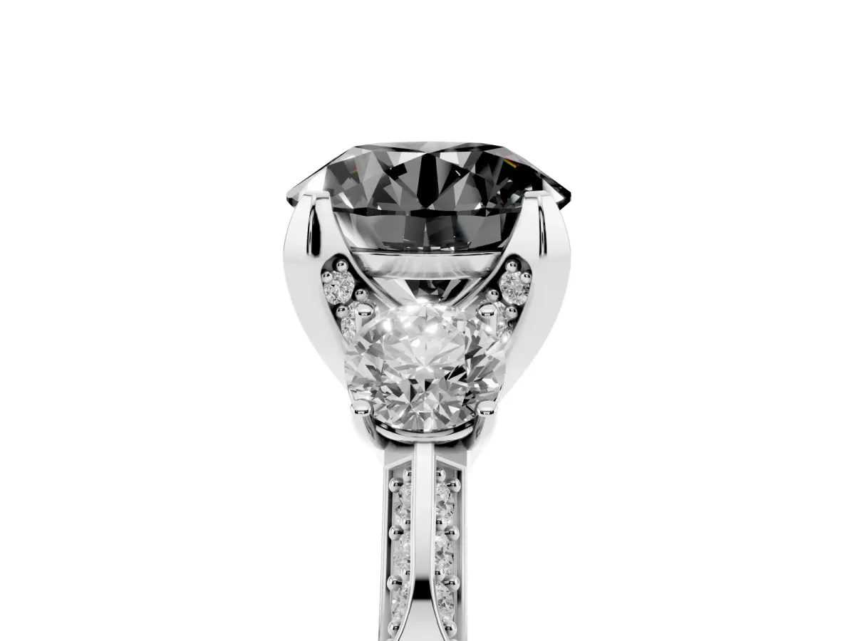 Fancy Black Round Cut Brilliant Three-Stone Diamond Ring with Pavé Band and Four-Prong Setting Platinum