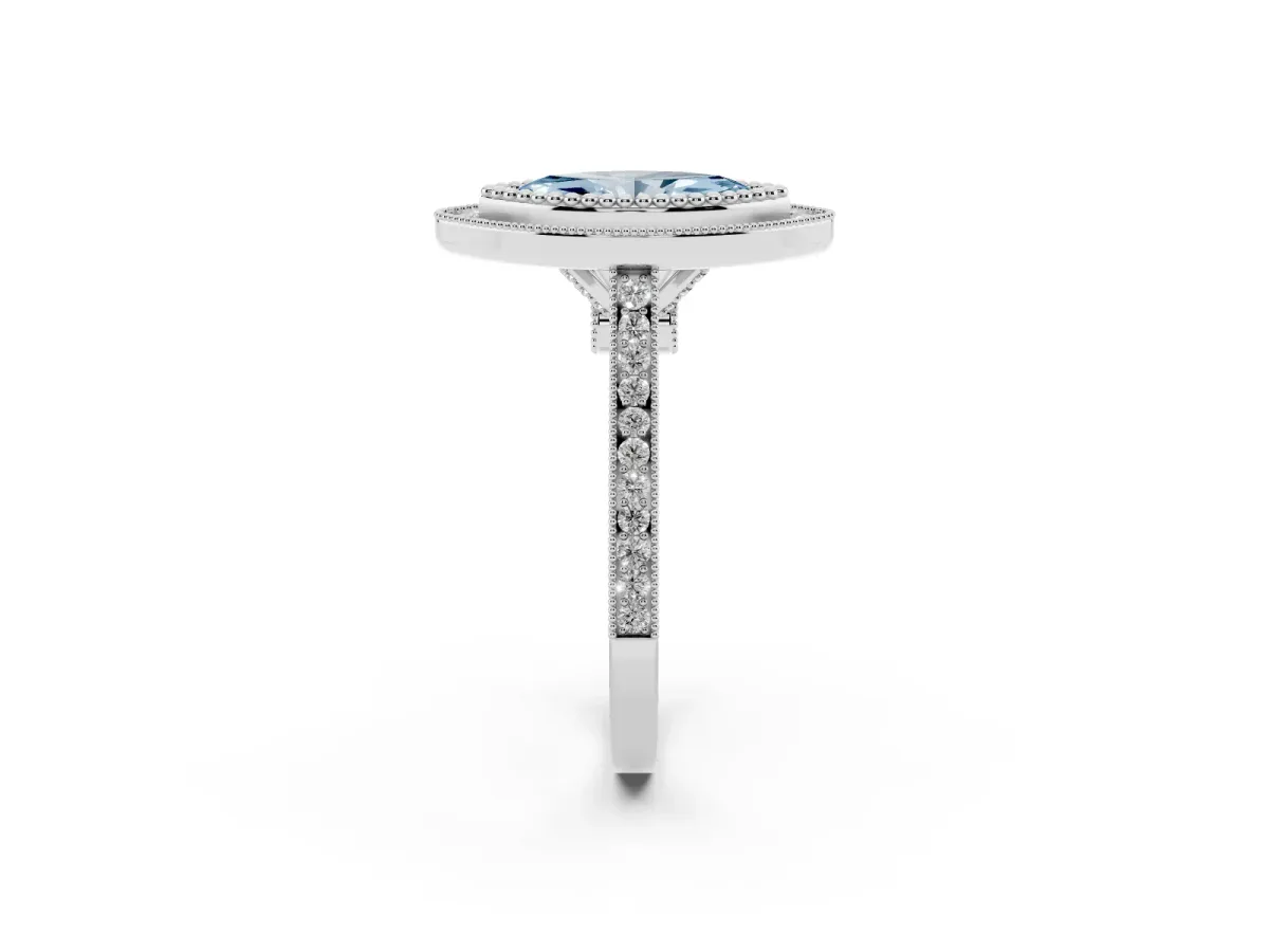 Fancy Blue Marquise Cut Diamond Halo Ring with Milgrain Frame and Pavé Band White gold
