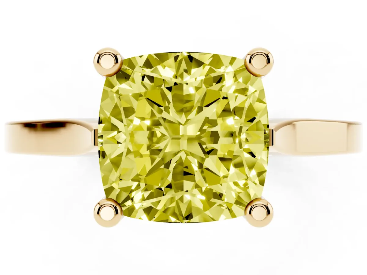 Fancy Yellow Cushion Cut Solitaire Diamond Ring with Four-Prong Setting and Tapered Band Yellow gold