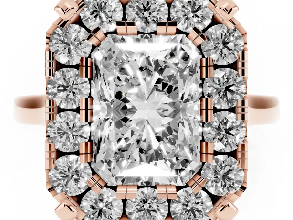 Radiant Cut Diamond Cluster Halo Solitaire with Four-Prong Setting Rose gold