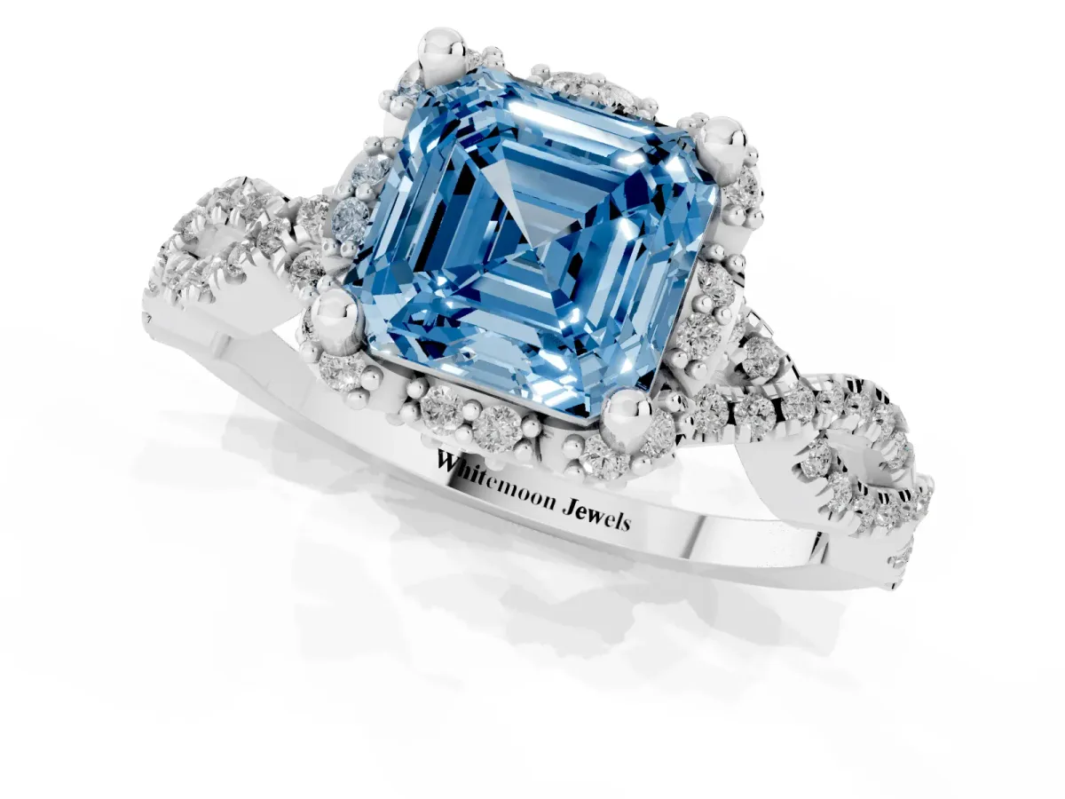 Fancy Blue Asscher Cut Halo Twist Band Solitaire Ring with Six-Prong Setting Silver