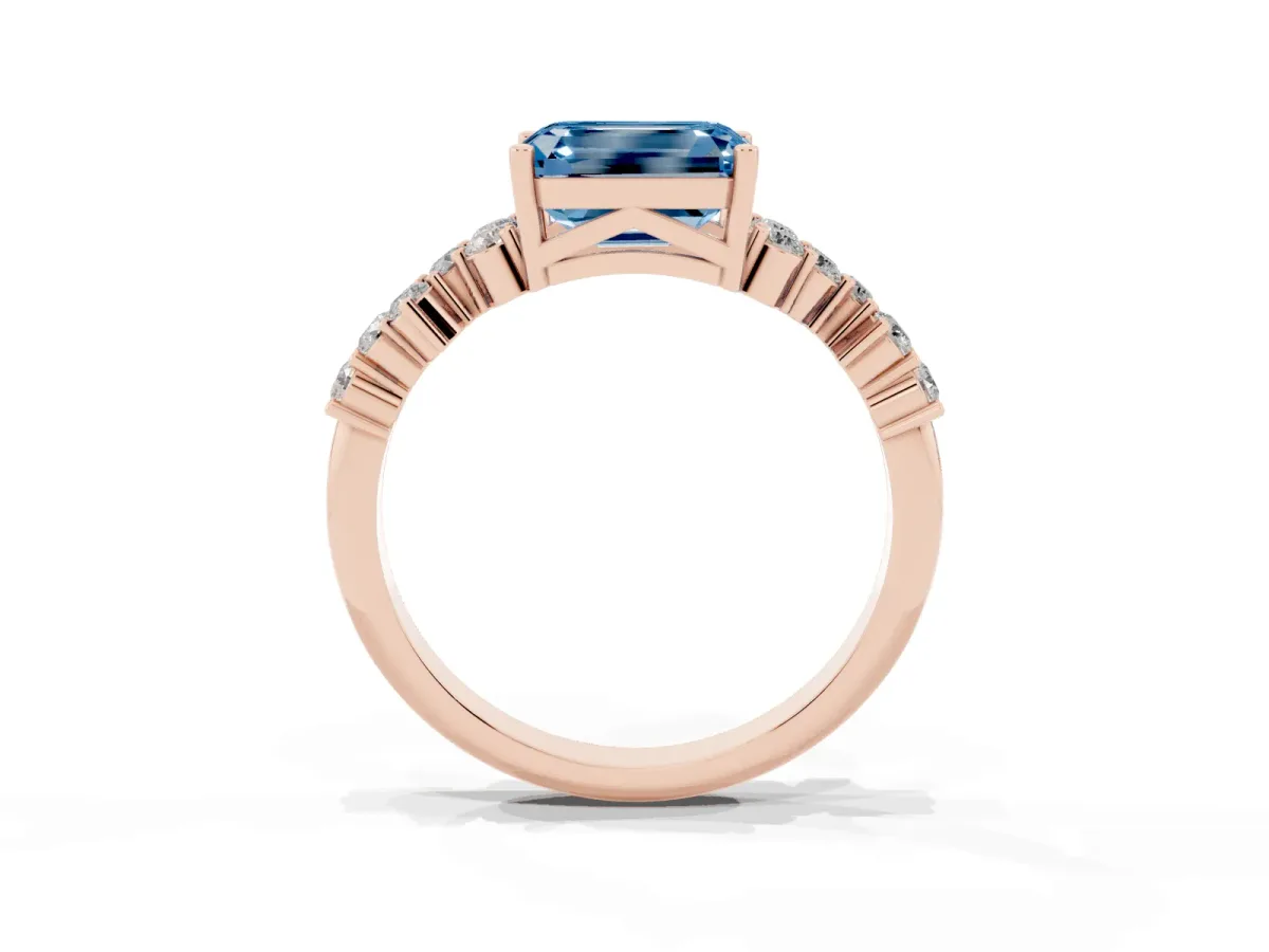 Fancy Blue Emerald Cut Diamond Scattered Round Accent Ring with Prong Setting Rose gold