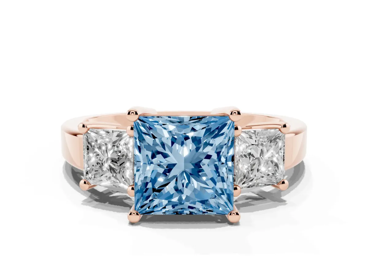 Fancy Blue Three-Stone Princess Cut Cut Solitaire Ring with Prong Setting Rose gold