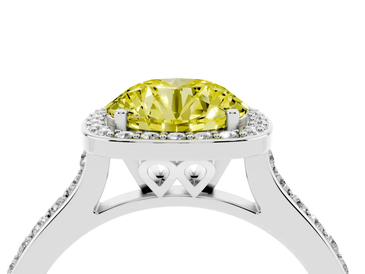 Fancy Yellow Round Cut Diamond Halo Engagement Ring with Round Pavé Shoulders and Prong Setting Platinum