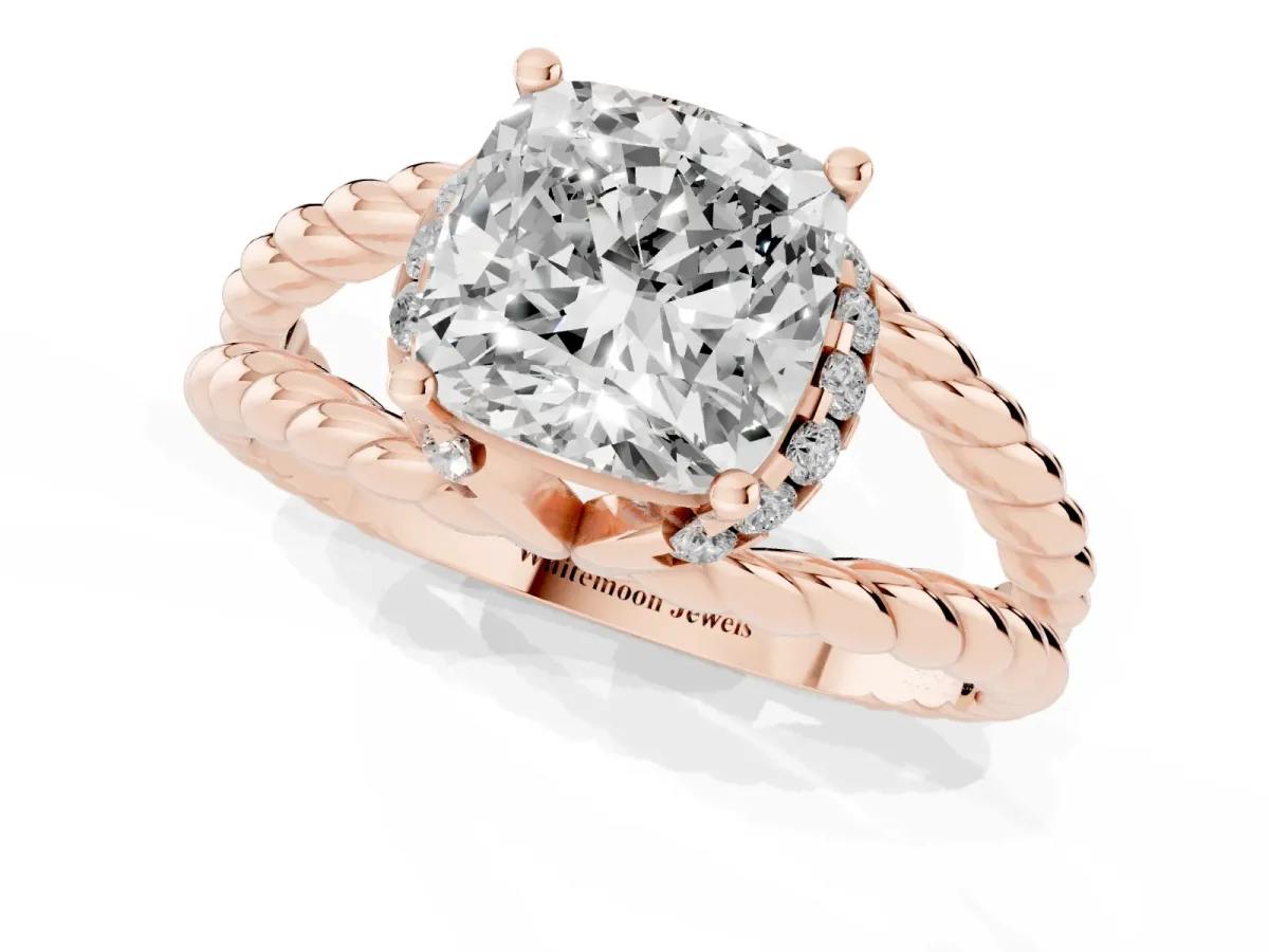 Cushion Cut Halo Twisted Band Four-Prong Ring Rose gold