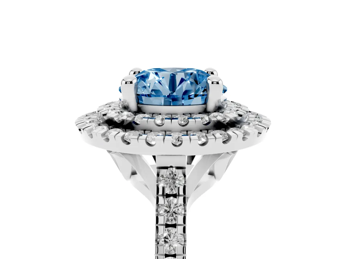 Fancy Blue Double Halo Round Cut Diamond Pavé Band with Four-Prong Setting Silver