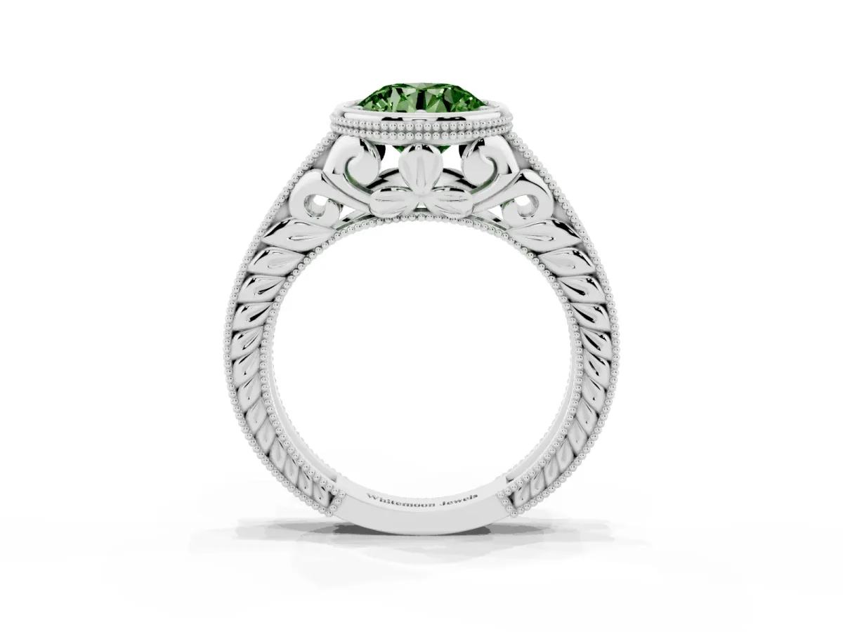 Fancy Green Bezel Set Round Cut Diamond Milgrain Pave Engagement Ring Silver