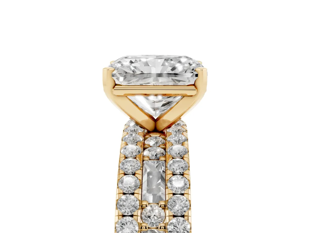 Radiant Cut Diamond Solitaire Ring with Pavé and Channel Set Band Yellow gold