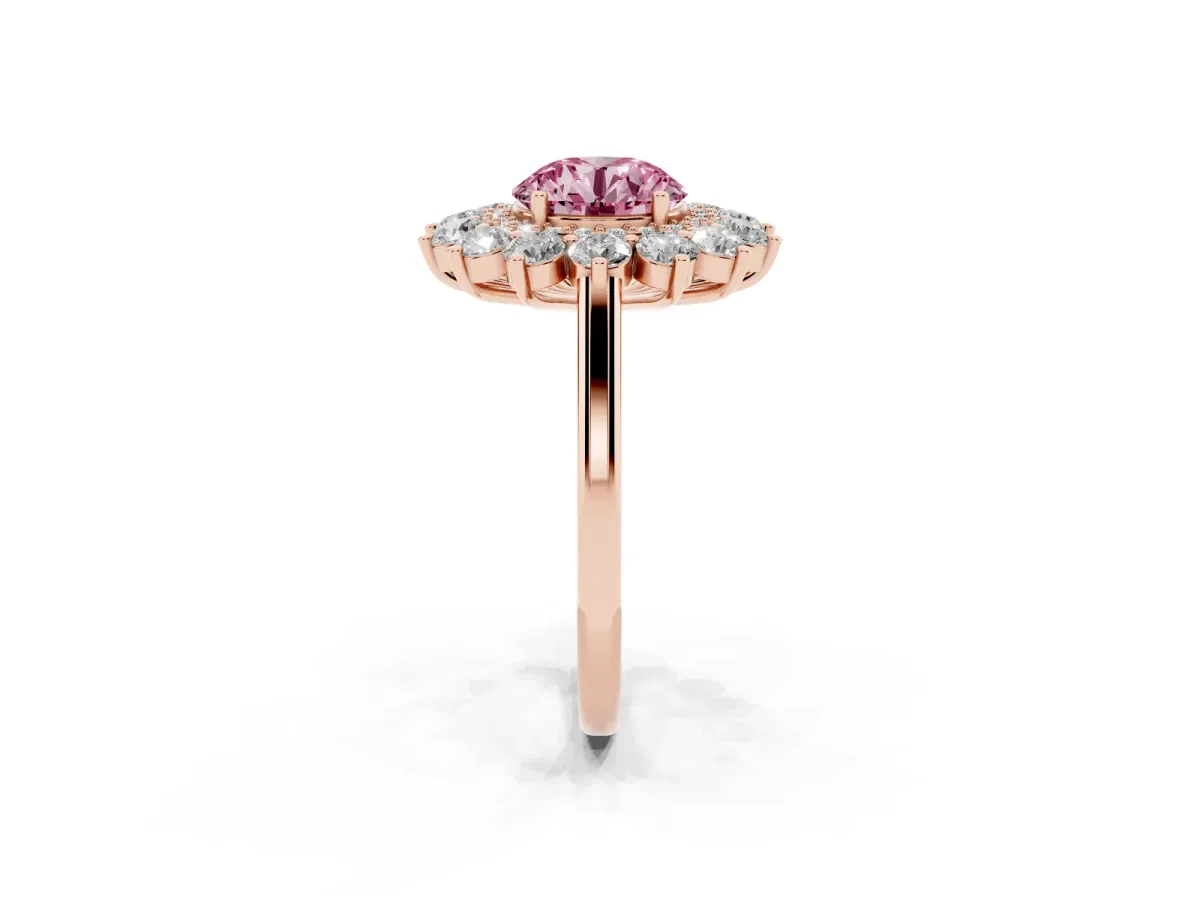 Fancy Pink Round Cut Diamond Floral Double Halo Engagement Ring with Prong Setting Rose gold