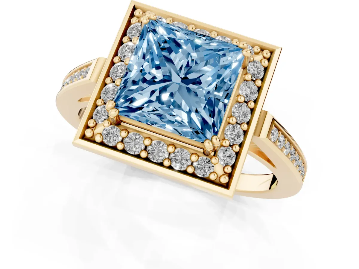 Fancy Blue Princess Cut Diamond Halo Ring with Split Shank and Four-Prong Setting Yellow gold