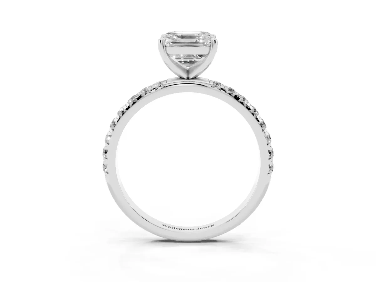 Asscher Cut Cut Diamond Solitaire Ring with Micro Pave Band and Four Prong Setting Silver