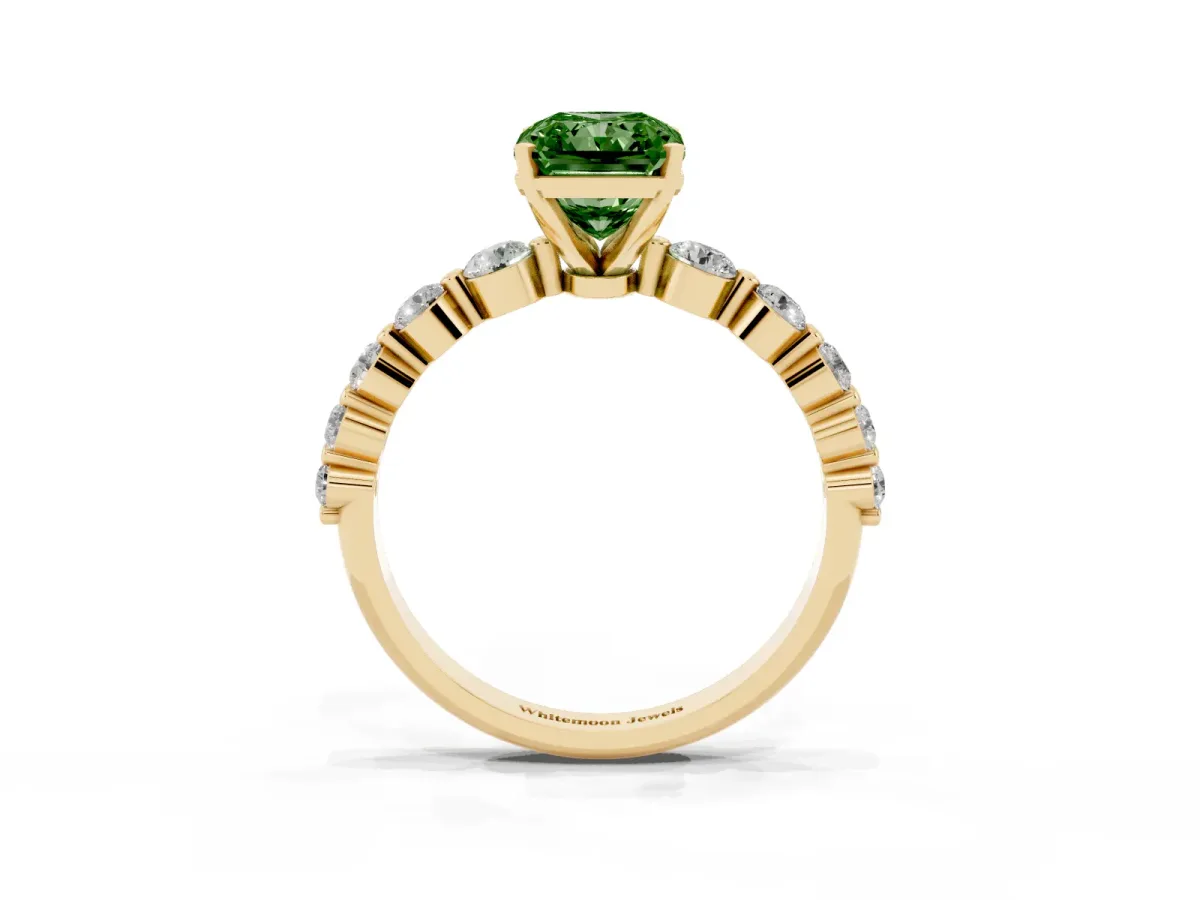 Fancy Green Radiant Cut Solitaire Diamond Ring with Pave Band and Four-Prong Setting Yellow gold