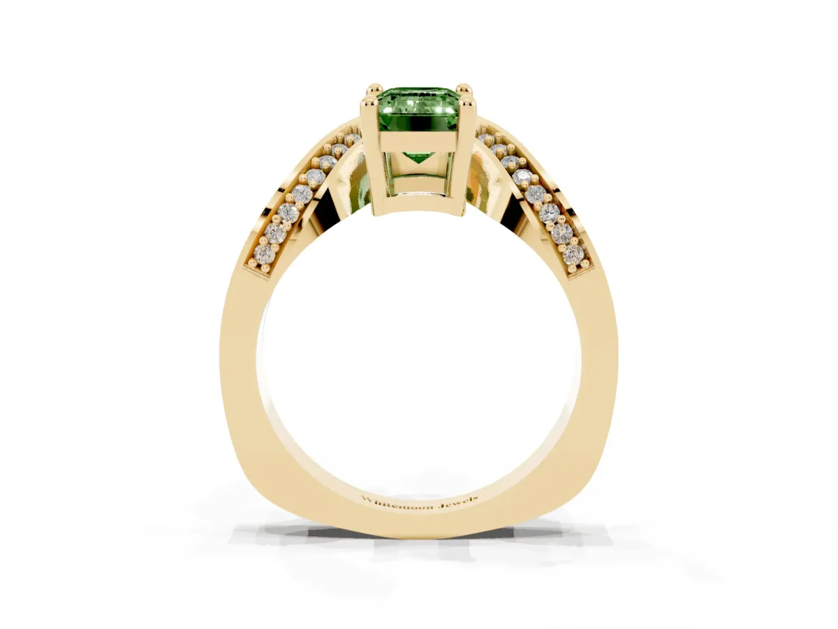 Fancy Green Emerald Cut Solitaire Diamond Engagement Ring with Pave Band and Four-Prong Setting Yellow gold