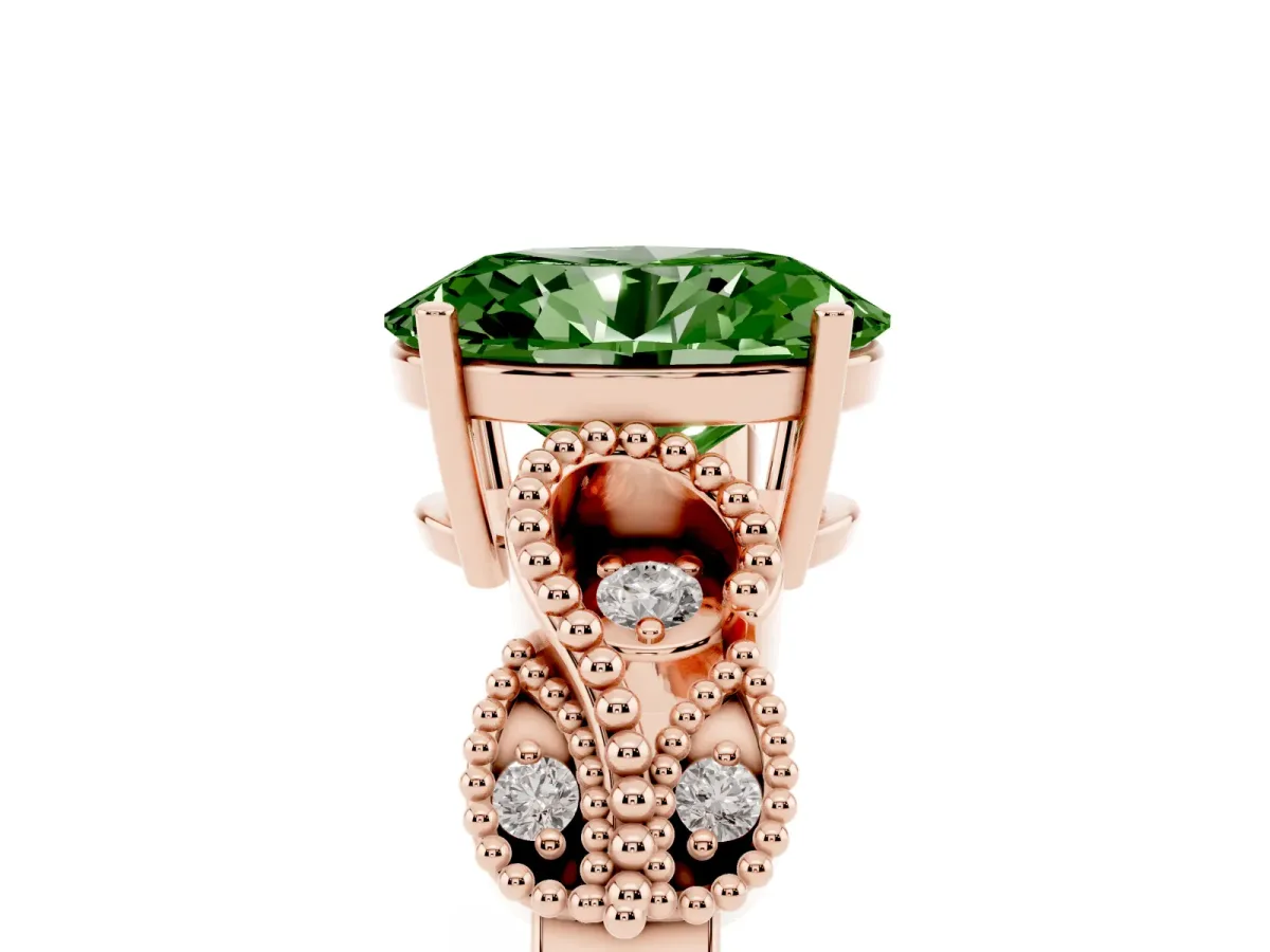 Fancy Green Oval Cut Solitaire Milgrain Leaf Band with Prong Setting Rose gold