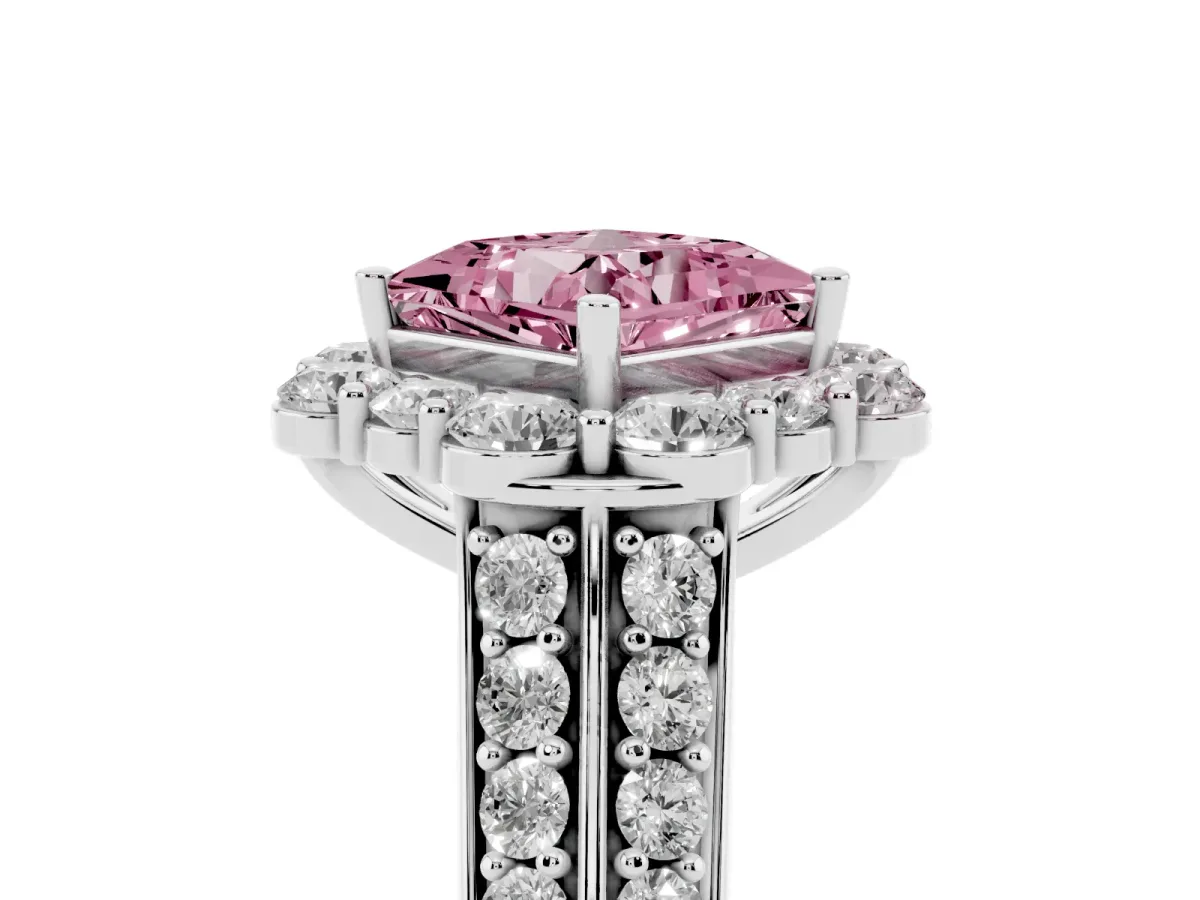 Fancy Pink Princess Cut Halo Diamond Engagement Ring with Split Shank and Prong Setting Silver