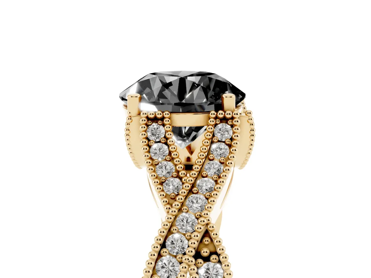 Fancy Black Round Cut Cut Diamond Twisted Band with Milgrain Pave Setting and Four-Prong Setting Yellow gold