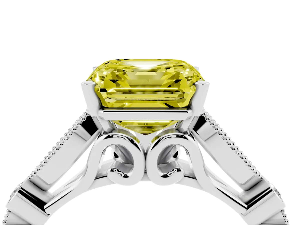 Fancy Yellow Asscher Cut Cut Diamond with Milgrain Marquise and Bezel Accents on a Solitaire Band with Prong Setting White gold