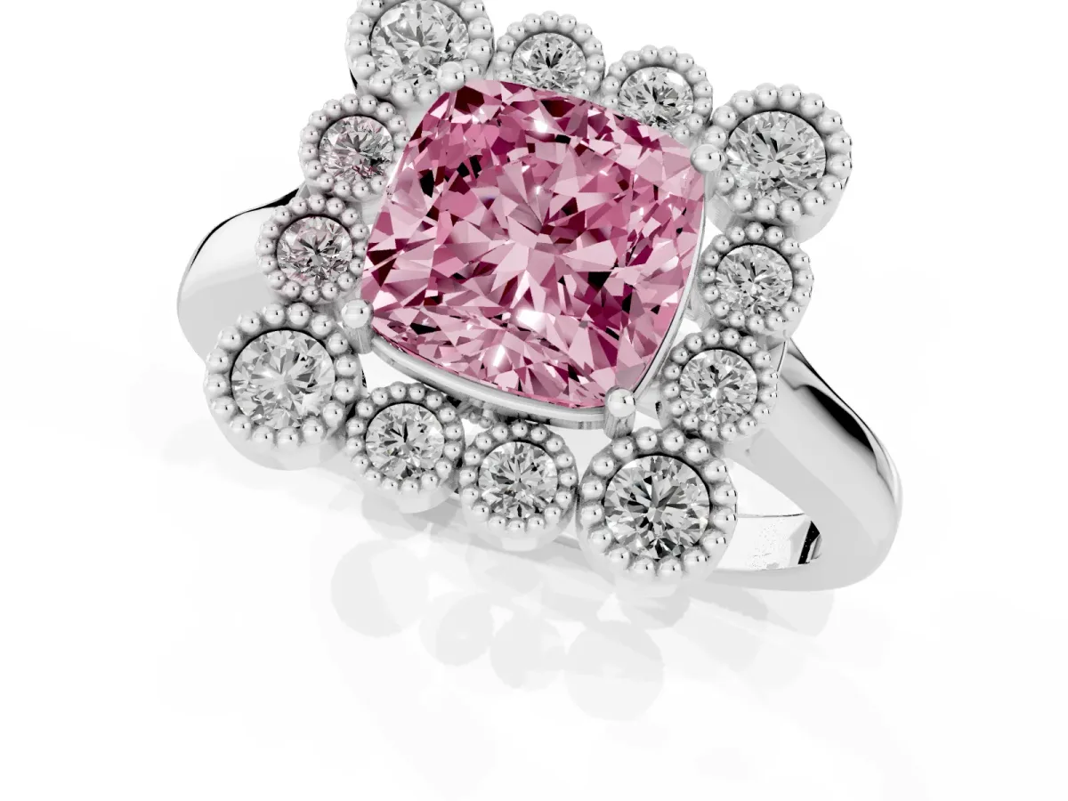 Fancy Pink Cushion Cut Halo Diamond Cluster Engagement Ring with Milgrain Bezel Setting and Solitaire Band Platinum