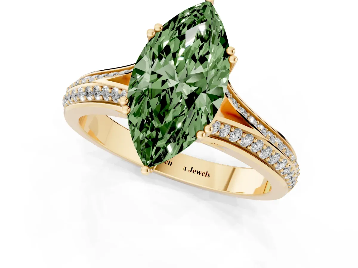 Fancy Green Marquise Cut Diamond Split Shank Engagement Ring with Pavé Band Yellow gold