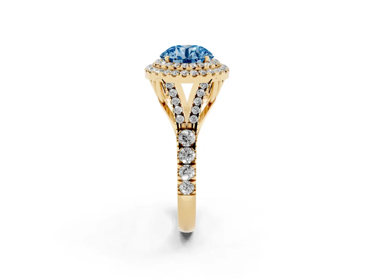 Fancy Blue Round Cut Cut Double Halo Split Shank Diamond Ring with Prong Setting Yellow gold
