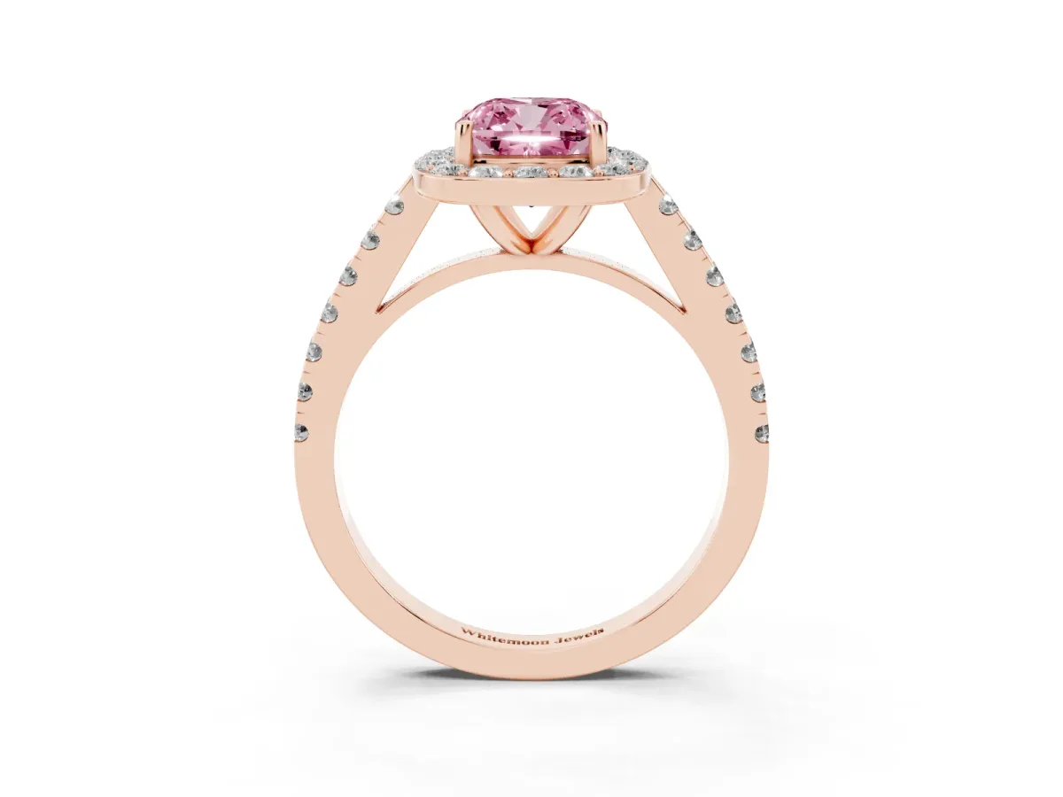 Fancy Pink Cushion Cut Diamond Halo Ring with Round Pavé Split Shank and Prong Setting Rose gold