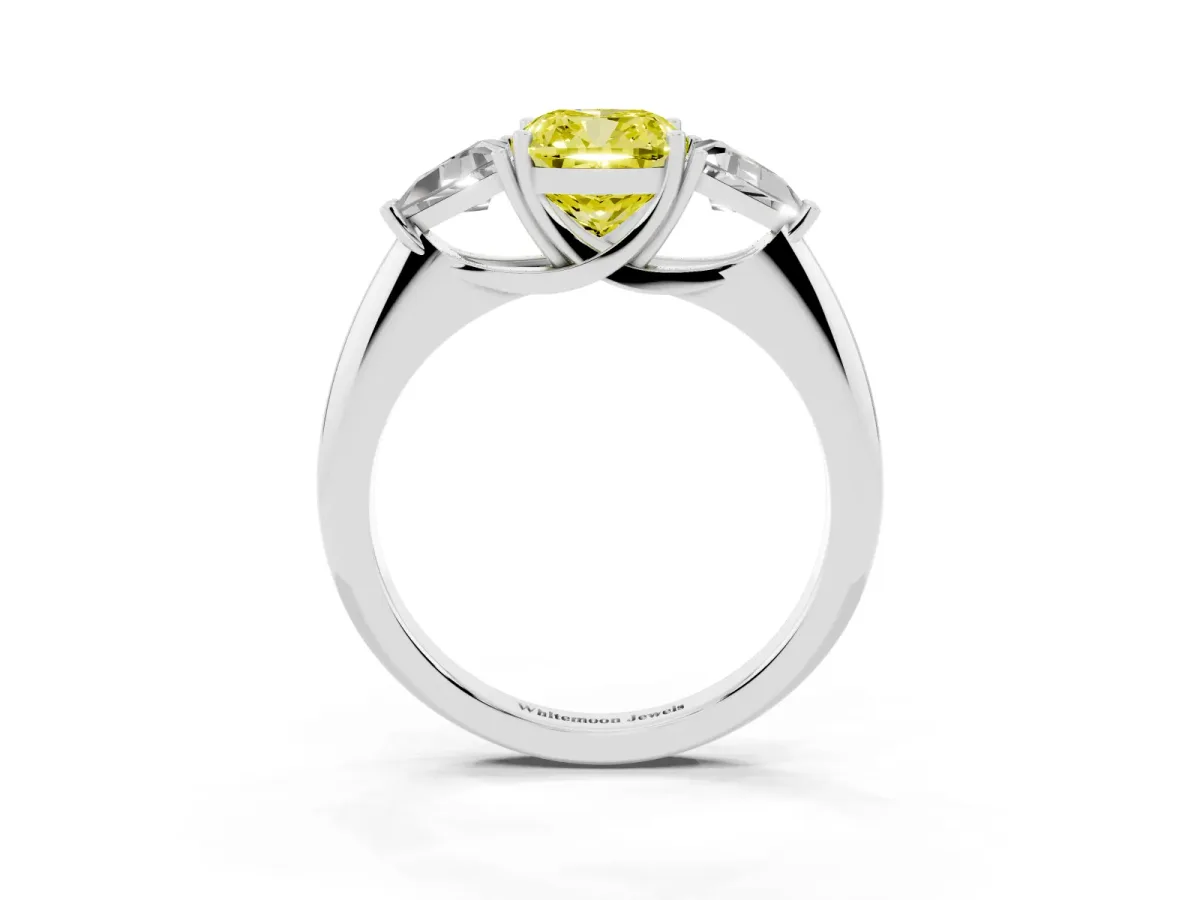 Fancy Yellow Three-Stone Cushion Cut Diamond Engagement Ring with Trillion Side Stones and Prong Setting Silver