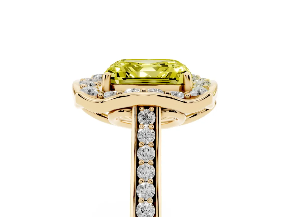 Fancy Yellow Asscher Cut Halo Round Diamond Pave Band with Four-Prong Setting Yellow gold