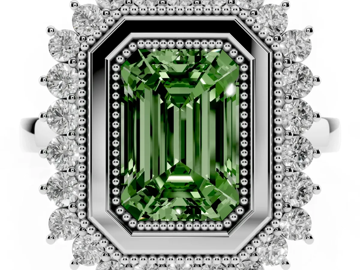 Fancy Green Emerald Cut Halo Diamond Ring with Milgrain Edge and Round Prong Setting Silver