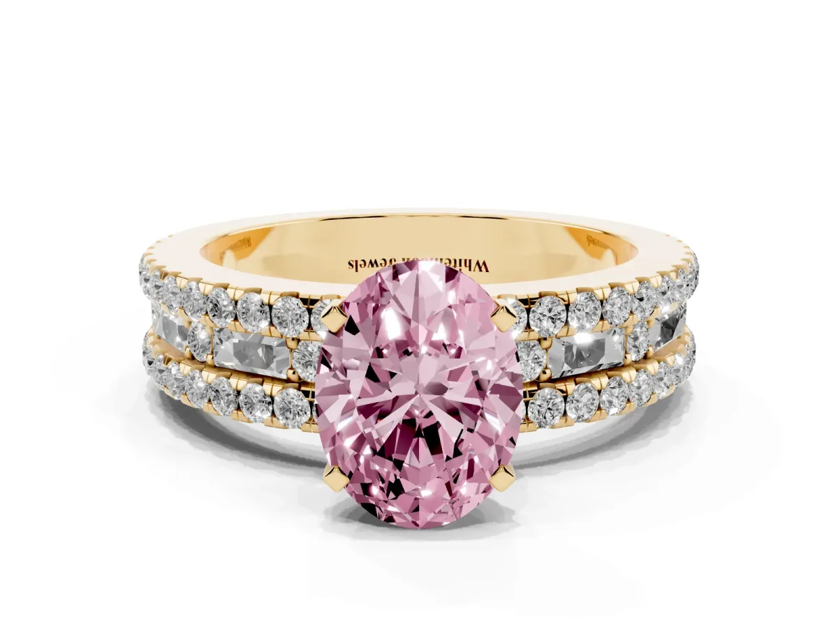Fancy Pink Oval Cut Diamond Solitaire Ring with Pavé and Channel Set Band Yellow gold