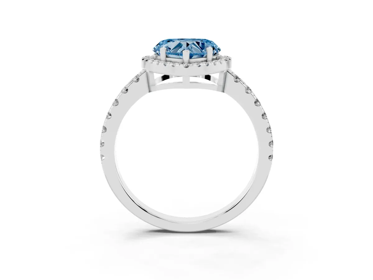 Fancy Blue Heart Cut Diamond Halo Ring with Pavé Band and Four-Prong Setting White gold