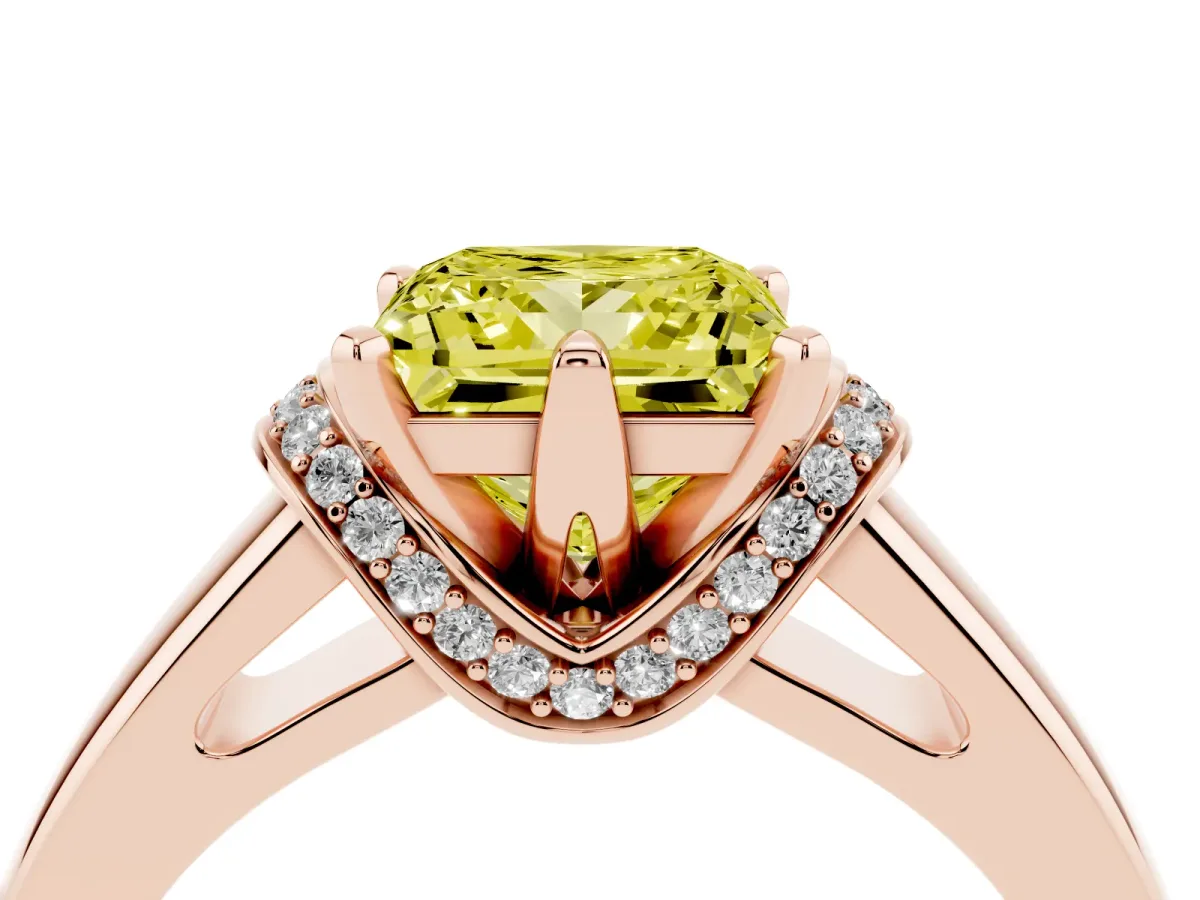 Fancy Yellow Princess Cut Solitaire Diamond Ring with Pave Band and Six-Prong Setting Rose gold