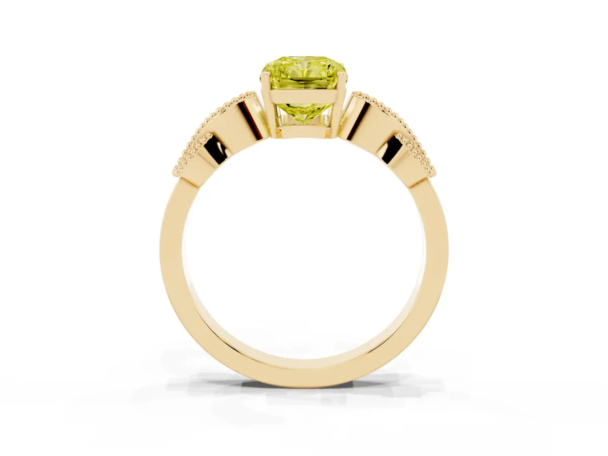 Fancy Yellow Radiant Cut Solitaire Milgrain Leaf Band with Prong Setting Yellow gold
