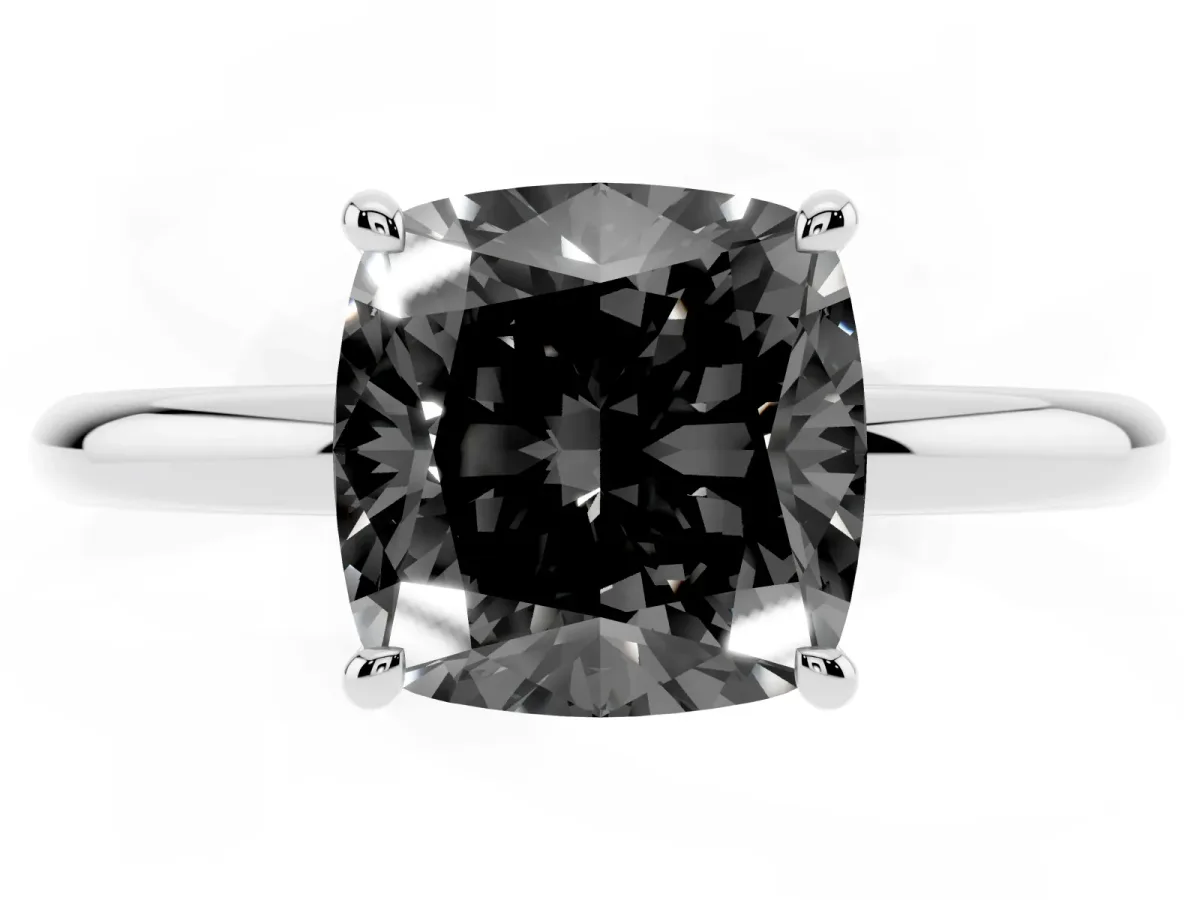 Fancy Black Cushion Cut Diamond Solitaire Ring with Thin Band and Four-Prong Setting Platinum