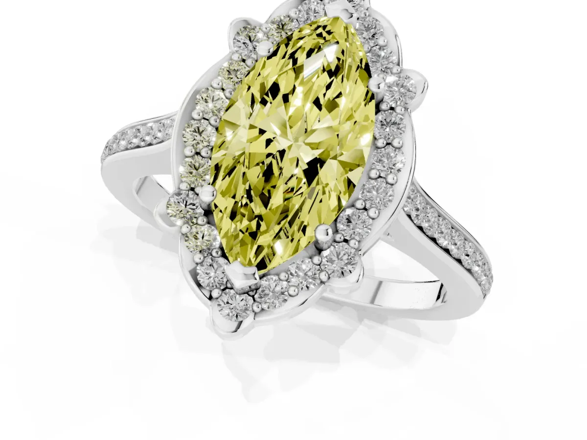 Fancy Yellow Marquise Cut Halo Round Diamond Pave Band with Four-Prong Setting Platinum