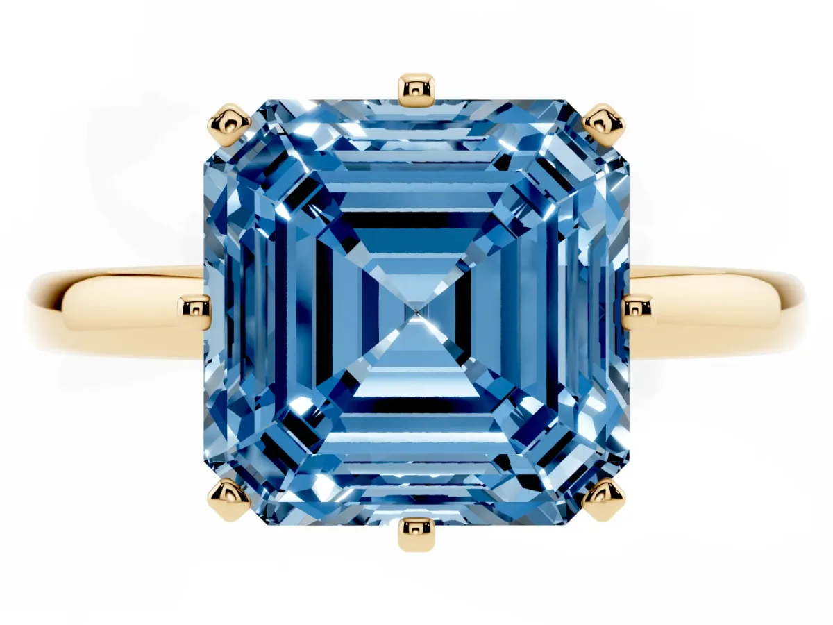 Fancy Blue Asscher Cut Solitaire Diamond Ring with Six-Prong Setting on a Classic Band Yellow gold