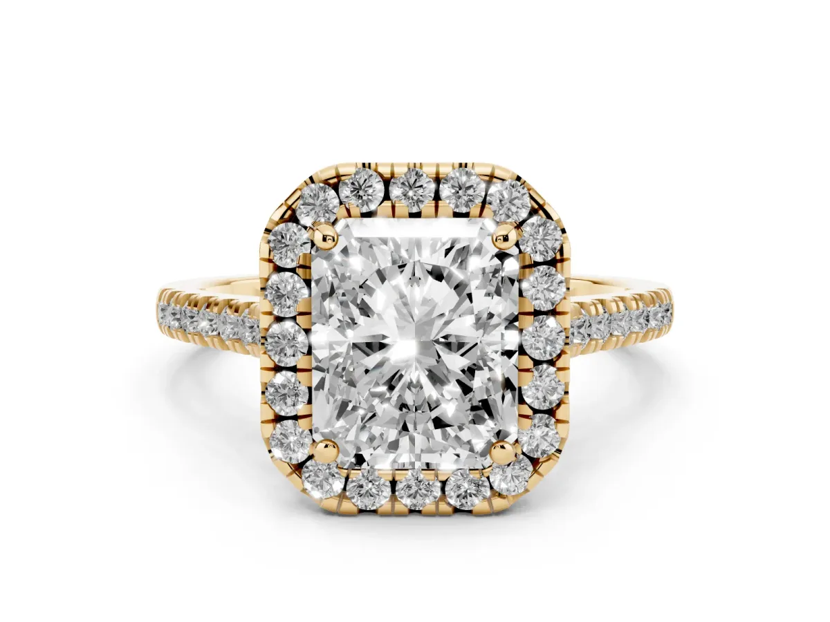 Radiant Cut Diamond Cushion Halo Ring with Pavé Band Yellow gold