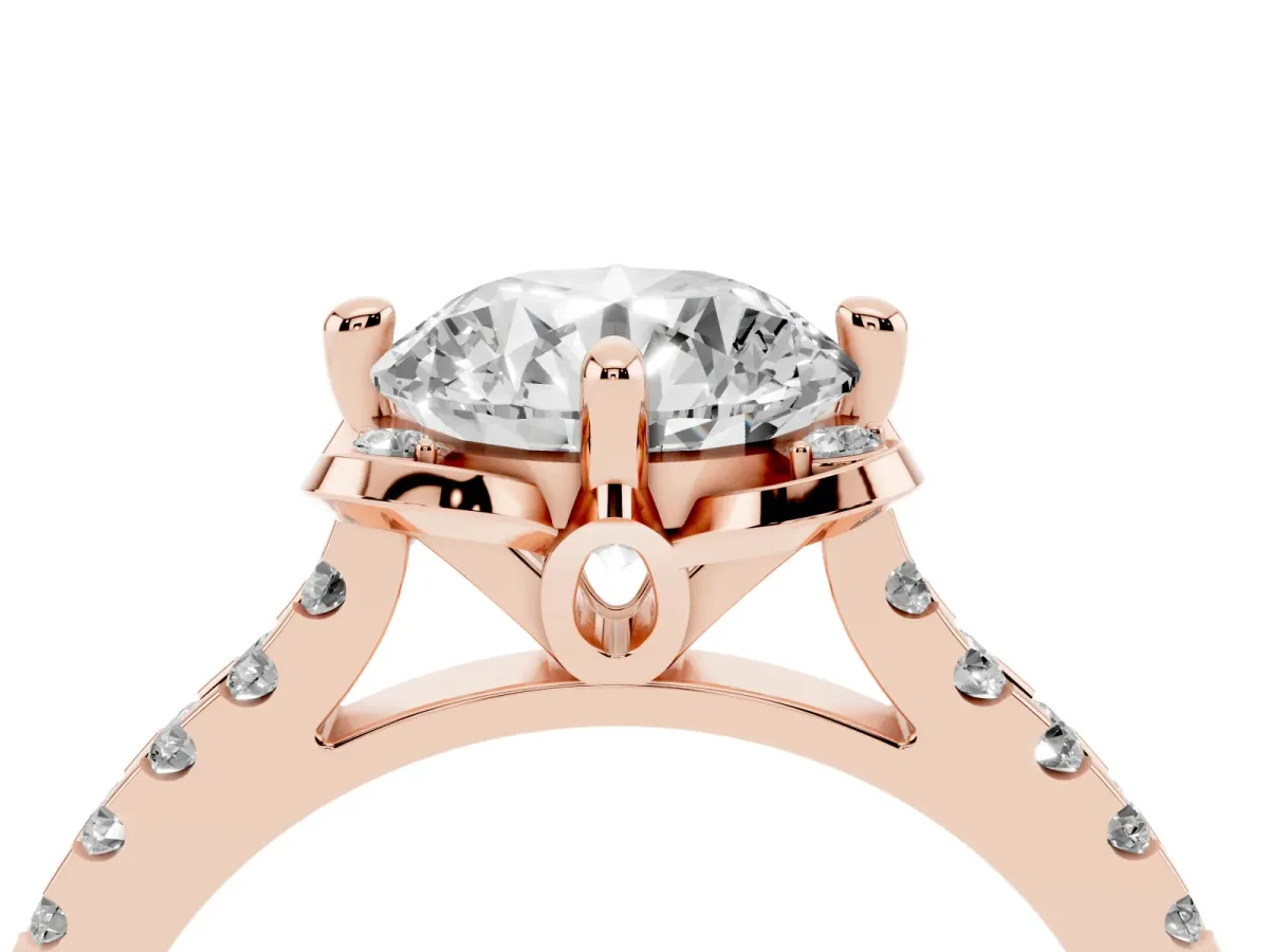 Round Cut Diamond Ring with Pavé Band and Floral Prong Setting Rose gold