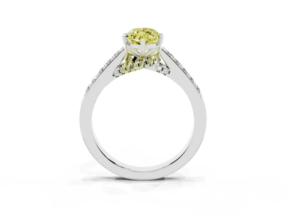 Fancy Yellow Marquise Cut Diamond Solitaire Ring with Crossover Gallery and Round Pavé Band Platinum