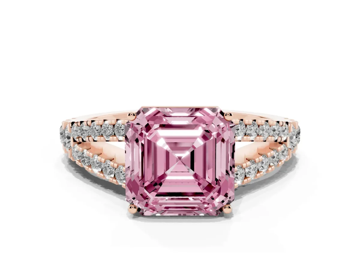 Fancy Pink Asscher Cut Diamond Split Shank Engagement Ring with Round Pavé and Prong Setting Rose gold