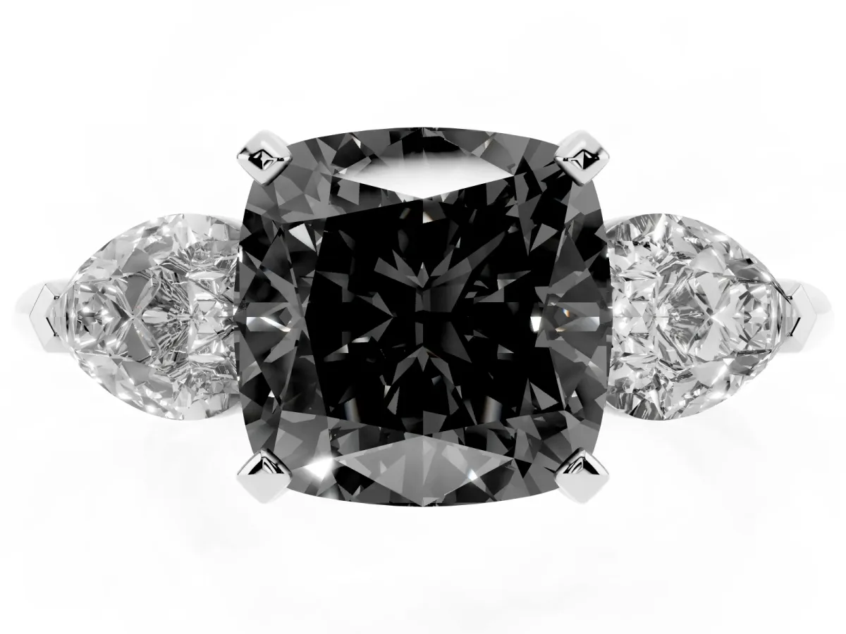 Fancy Black Three-Stone Cushion Cut Diamond Ring with Pear Side Stones and Four-Prong Setting Silver