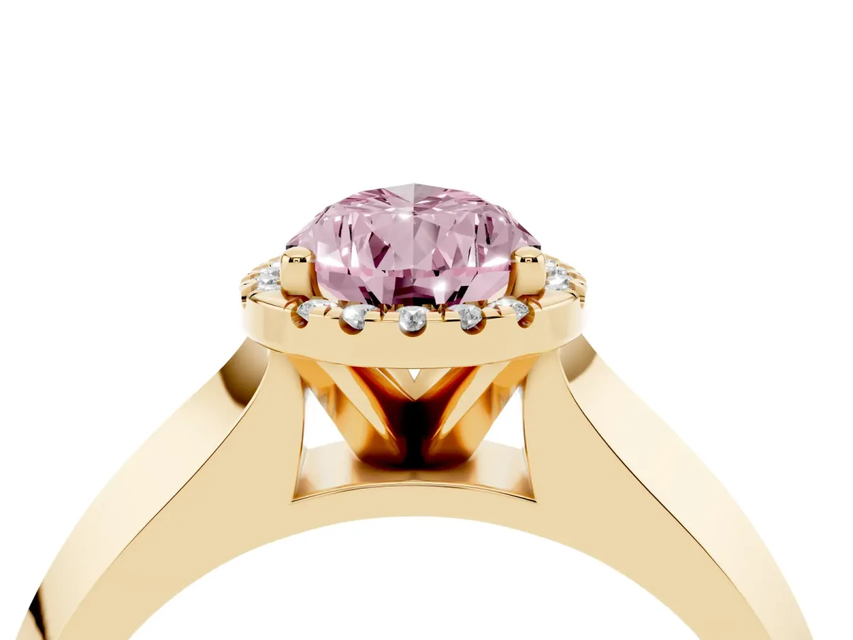 Fancy Pink Pear Cut Halo Diamond Ring with Cathedral Band and Four-Prong Setting Yellow gold