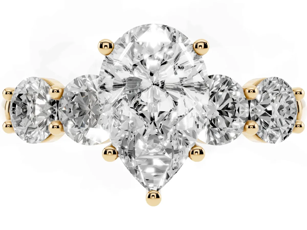 Pear Cut Cut Five-Stone Prong Set Diamond Ring with Classic Band Yellow gold