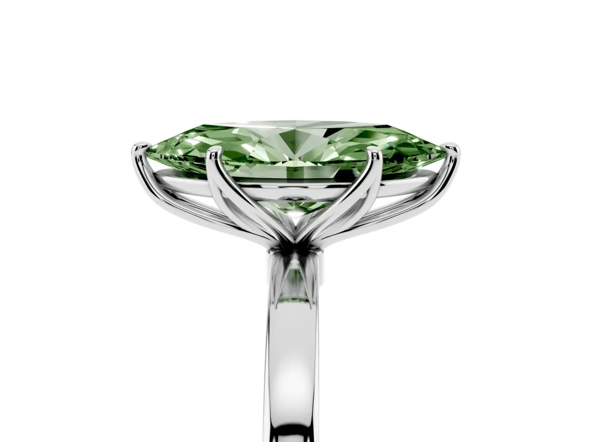 Fancy Green Marquise Cut Diamond Solitaire Ring with Thin Band and Prong Setting Silver