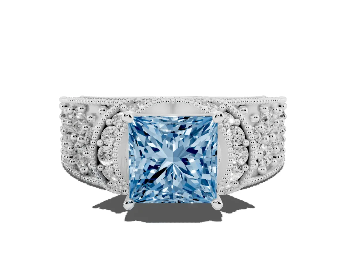 Fancy Blue Princess Cut Halo Pave Diamond Engagement Ring with Milgrain Detailing Silver