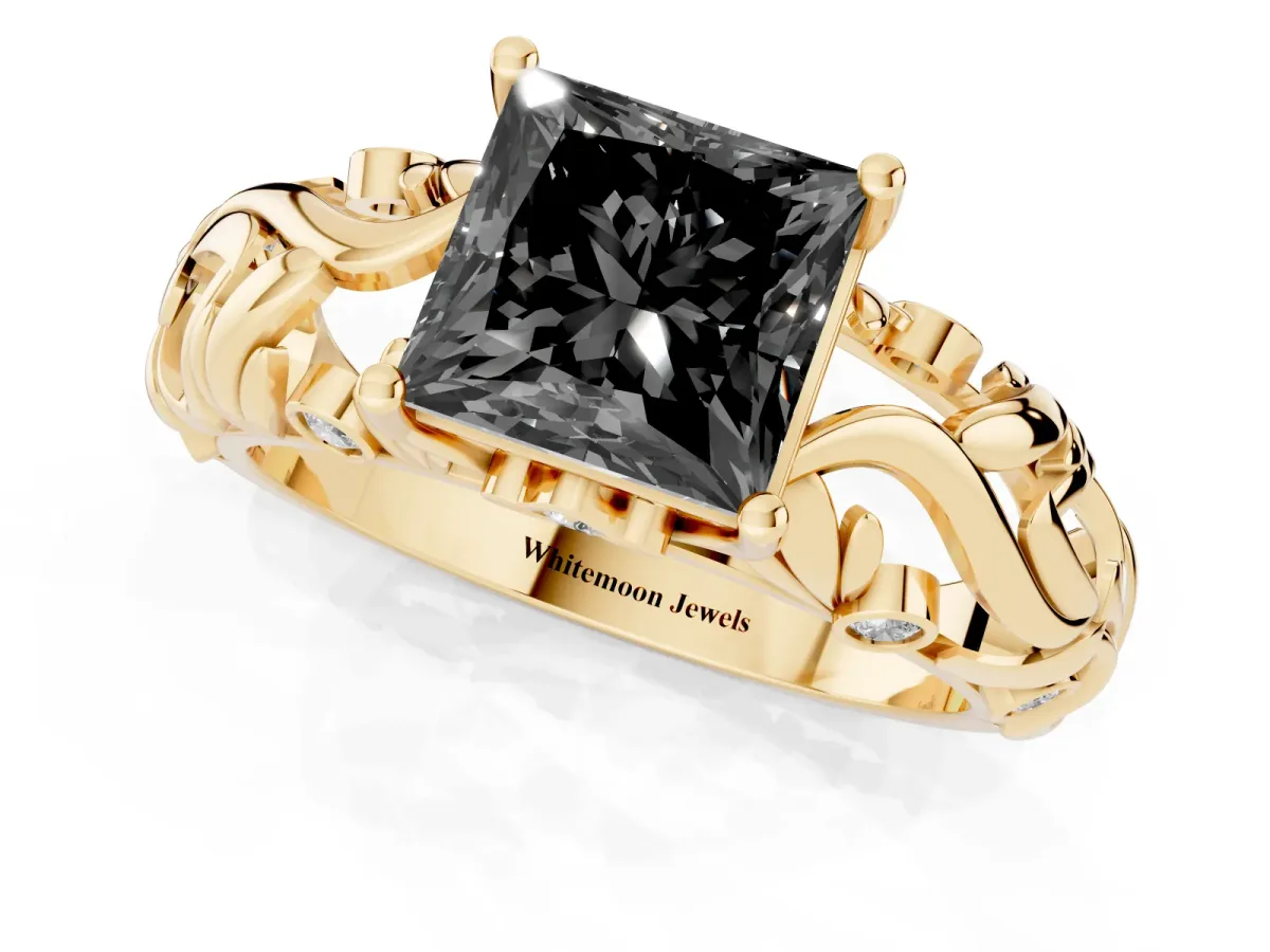 Fancy Black Princess Cut Solitaire Diamond Leaf-Inspired Vine Band Ring with Prong Setting Yellow gold